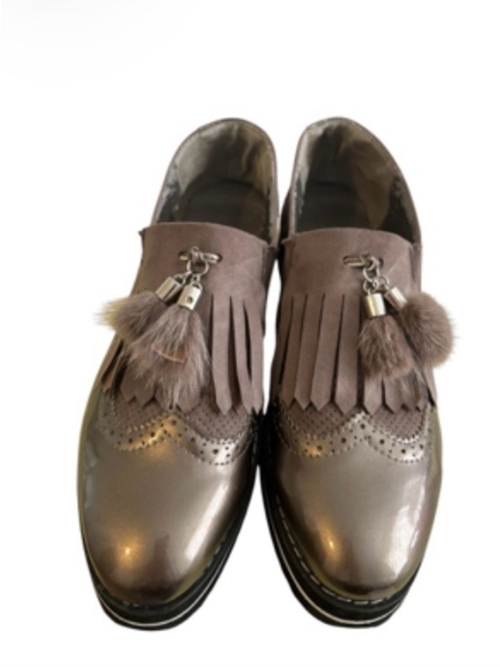 3 for $15😍 Mellisa metallic grey loafers with suede fringe and furry tassels.